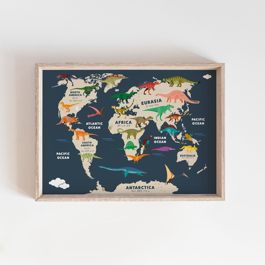 Dinosaur World Map Kids Art Print 11x14